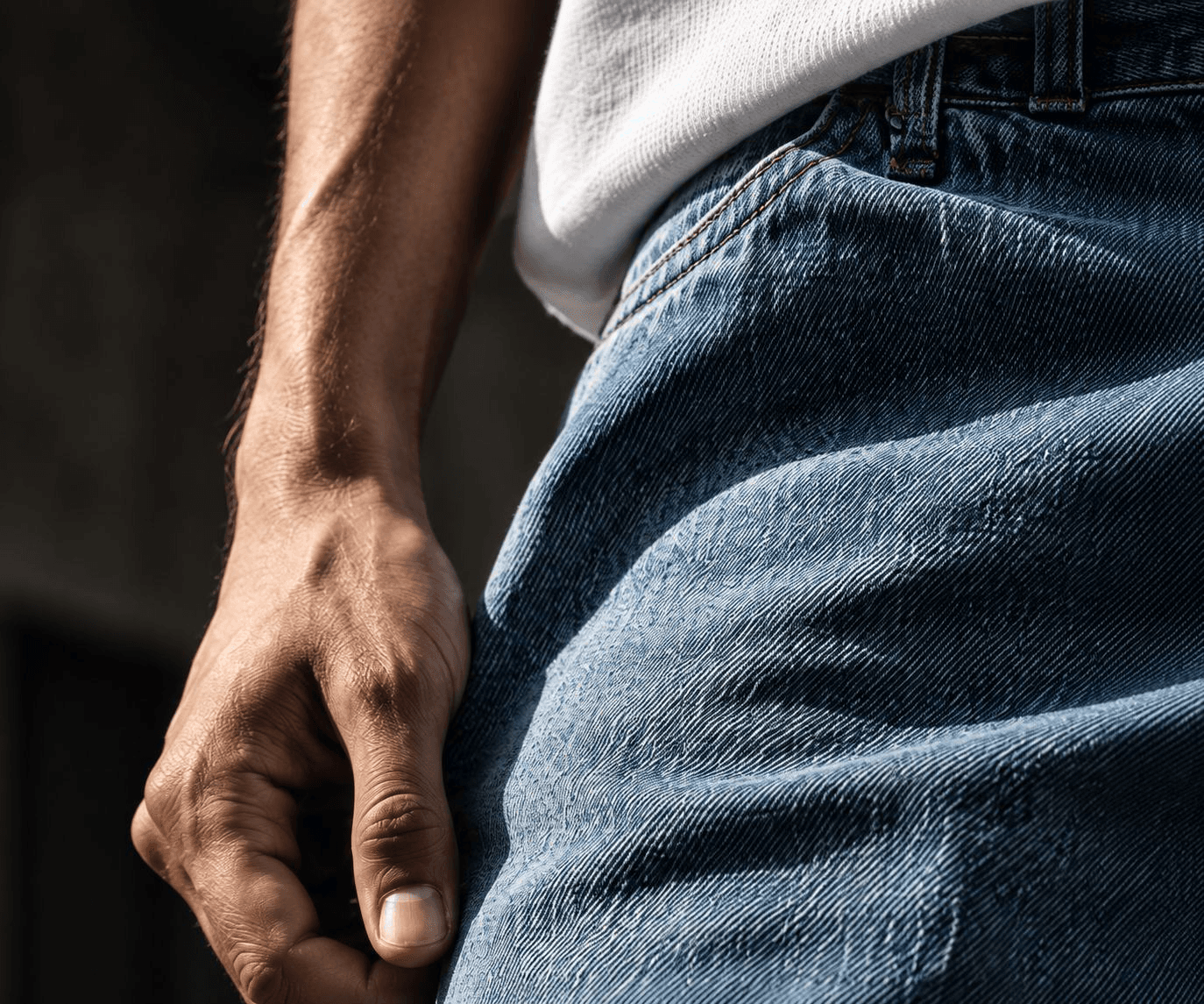 Hand touching responsibly finished denim