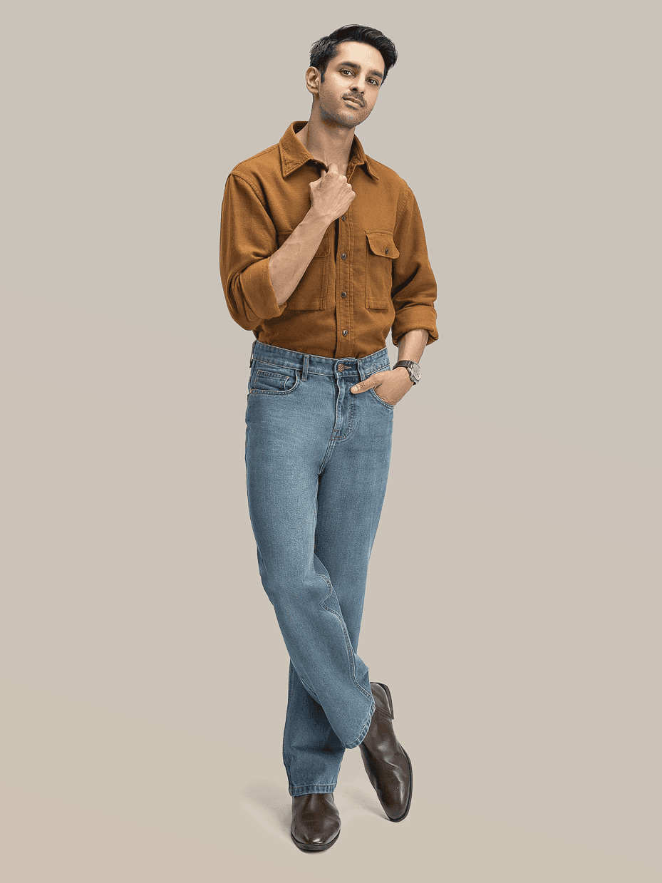 Front view of Blue Familiar mid blue regular fit jeans
